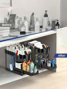 1pc Under Sink Pull-Out Storage Rack With Hooks, Single-Tier Sliding Drawer Organizer, Easy To Assemble And Clean For Kitchen Cupboard, Kitchen Storage Utensils, Storage Box, Organizer, Room Decoration, Suitable For Kitchen, Restaurant, Party, Camping, Gathering, Gift For Friends, Family Gift - Multicolor - View 2