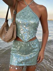 Firerie Conjunto de dos piezas de top corto halter con lentejuelas y espalda descubierta, y minifalda con flecos de cintura baja, elegante y sexy, adecuado para vacaciones de verano, fiestas, festivales de música, citas - Blanco - Ver 2