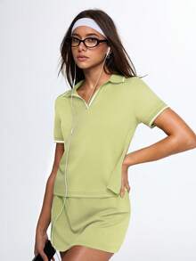 SHEIN Sports 女士休闲拼接撞色百搭日常运动短袖Polo衫 - 青碧色 - 查看 7