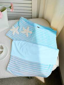 Comfortcana Bộ đồ nữ thường ngày kẻ sọc in hình sao biển gồm áo ống và quần short. - Màu xanh nhạt - Xem 6
