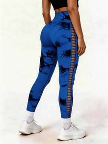 High Performance Tie Dye Leggings With Lace - For Yoga And Workout - 藍色 - 查看 3