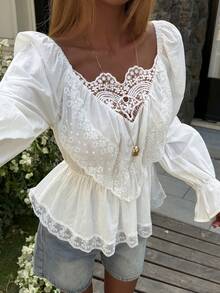 DAZY Cotton Lace Patchwork Waist Vacation Shirt, Suitable For Beach Party, Holiday, Easter, Spring & Summer - White - View 4