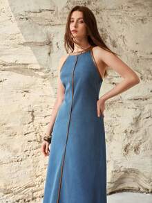 MOTF PREMIUM WOMEN'S CONTRAST COLOR DESIGN HALTER WAIST CINCHING SLIM DENIM DRESS, SPRING/SUMMER - Medium Wash - View 4