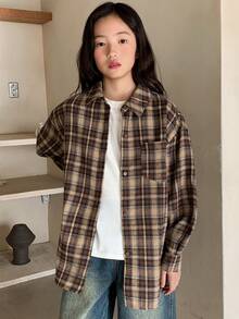 Dazy Kids Girls Plaid Collar Long Sleeve Woven Shirt, Tween Girl Fall Clothes - Brown - View 4