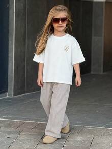 Dazy Kids Ung flicka rund halsad hjärtmönster kortärmad skjorta, sommarloungewear - Kaki - Visa 2