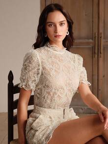 Anewsta Women's French Lace Textured Elegant A-Line Shorts For Commuting Micro Short - Apricot - View 5