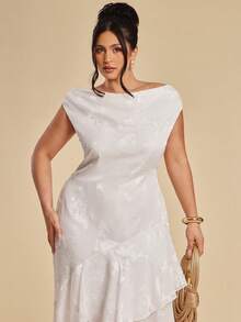 SHEIN BAE Đầm cỡ lớn màu trơn, cổ xếp ly, vạt bất đối xứng, chất liệu jacquard, eo thắt. - trắng - Xem 9