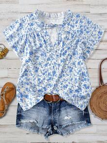 Linhara Blusa casual de mujer talla grande con cuello en V, lazo, volantes y manga corta con estampado floral, adecuada para volver al colegio, fiestas, Navidad, Día de la Madre, festivales de música, primavera/verano - Azul - Ver 1