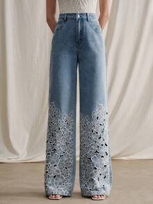 Anewsta Quần jeans nữ ống đứng màu xanh dương sang trọng, gợi cảm, khoét lỗ, thêu họa tiết, thích hợp cho tiệc tùng, du lịch, ngày Valentine, mùa xuân/hè. - Màu xanh lam - Xem 1