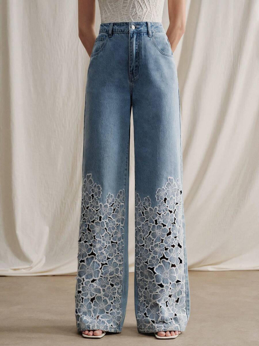 Anewsta Quần jeans nữ ống đứng màu xanh dương sang trọng, gợi cảm, khoét lỗ, thêu họa tiết, thích hợp cho tiệc tùng, du lịch, ngày Valentine, mùa xuân/hè. - Màu xanh lam - Xem 1