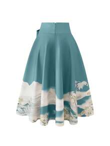 Franclia 女士高腰优雅百搭垂坠高端中国风山水印花系腰半身裙 - 藍色 - 查看 2