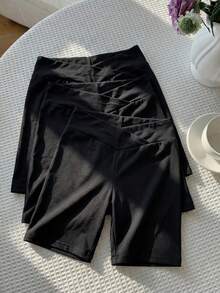 SHEIN Girlism 3 件套 Tween 女童基本款纯色针织松紧腰紧身打底裤、休闲家居服和运动服，黑色 - 黑色 - 查看 2
