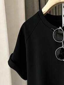1 Set Tween Girls Casual Comfortable Fashion Minimalist Versatile Creative Heart Pattern Raglan Sleeve Top And Shorts Summer Outfits - Black - View 3
