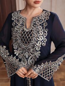 Al Najma Đầm nữ kiểu Ả Rập cổ thêu họa tiết cầu kỳ, hàng mới về. - Màu xanh hải quân - Xem 5