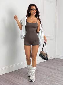 SHEIN PETITE 女士纯色蕾丝拼接吊带简约修身连体裤 - 灰色 - 查看 4