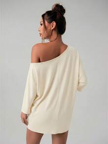 SHEIN ICON Áo thun dáng rộng phong cách đường phố Mỹ, vai lệch, màu đen trơn. - Vàng nhạt - Xem 2