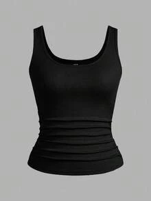 SHEIN Tall CURVE CURVE Plus Size Women's Tall Girls Pleated Scoop Neck Tank Top,High-Waisted Vest,Black And White,Summer,Smart Casual,Everyday Holiday Outfit - Black and White - View 9