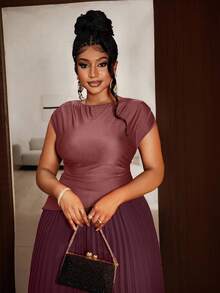 Maweii Plus Size Women Elegant Solid Color Pleated Round Neck Sleeveless Dress - Champagne - View 6