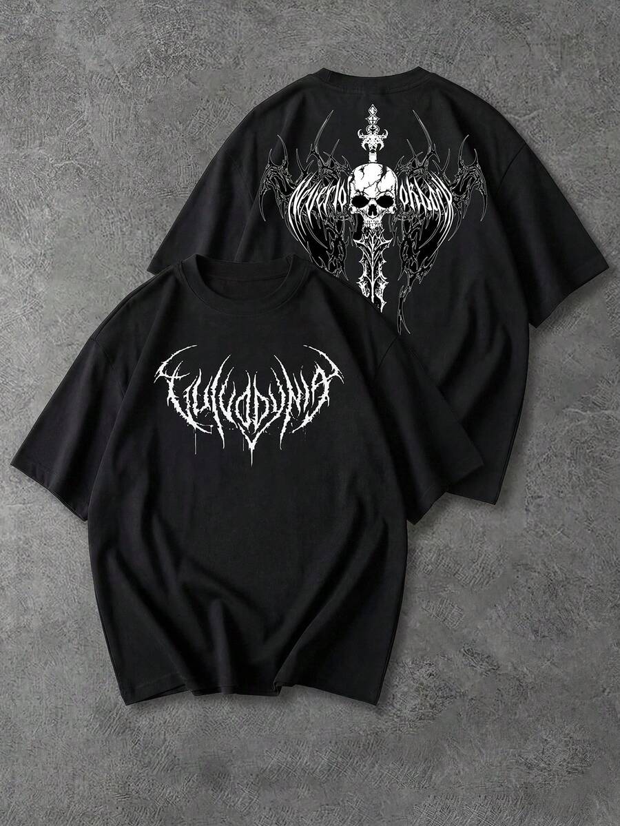 Sport MetroGents 男士休闲骷髅印花圆领短袖运动T恤，夏季 - 黑色 - 查看 1