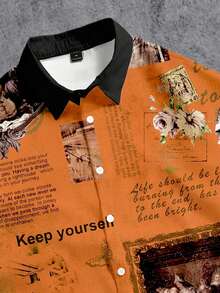 Manfinity ZONE917 Áo sơ mi nam tay ngắn dáng lửng, in họa tiết toàn thân, phong cách tối giản, thường ngày. - trái cam - Xem 2