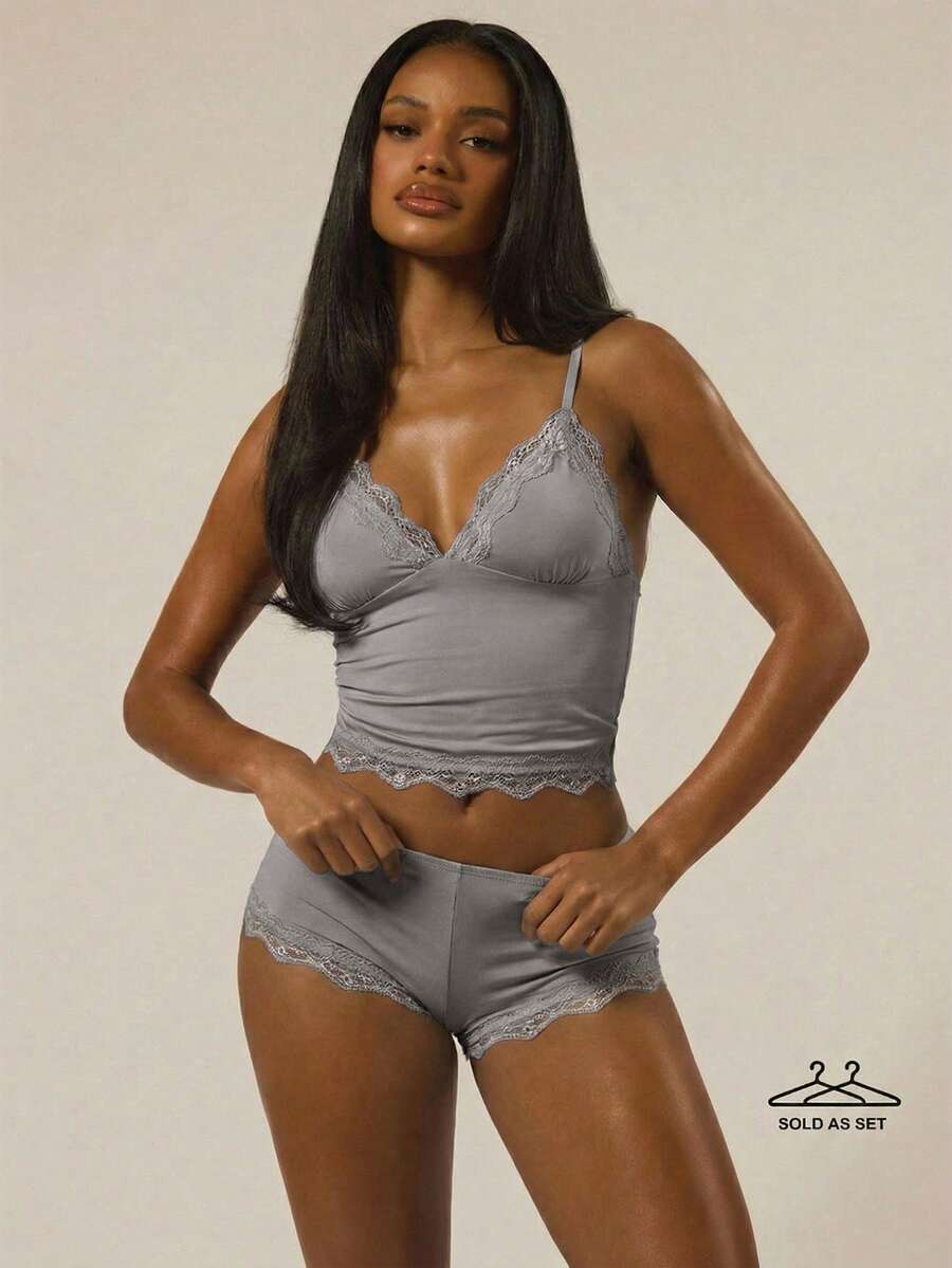 MUSERA ESSENTIALS Triangle Bust Lace Trim Adjustable Strap Cami Top And Fitted Boxer Boyshort Multipack Set  Lingerie Evening Everyday Summer - Grey - View 1