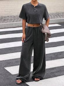 Muchica 女士休闲时尚街头风日常通勤装饰短袖露脐T恤和阔腿裤套装，春夏款 - 黑色 - 查看 6