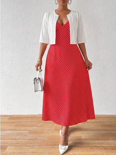 Auvina Plus Size Women's Summer French Retro Polka Dot Slip Dress And White Knit Cropped Cardigan Set