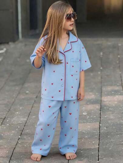 DAZY طقم بيجامة للفتيات مع طباعة قلب وتريم متباين، خريف