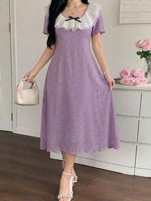 DAZY Polka Dot All-Over Print Ruffle Collar Bow Decor Short Sleeve Loose Nightgown For Women - Purple - View 3