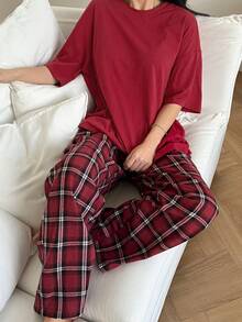 DAZY Casual Loose Plaid Top And Pants Home Wear Outfit Red Pajama Lounge Set - Red - View 3