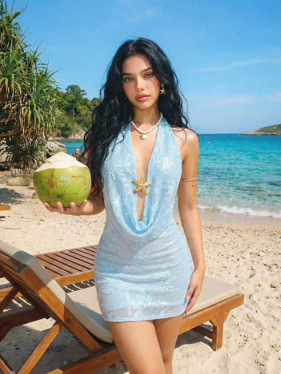 Sweetina Đầm ngắn hở lưng cổ yếm dành cho nữ đi nghỉ mát biển - Màu xanh lam - Xem 1