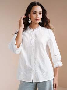 Aveloria Modichic Áo kiểu nữ dệt ren, khoét lỗ, cổ tròn, dáng rộng, thanh lịch, phong cách Pháp. - trắng - Xem 5