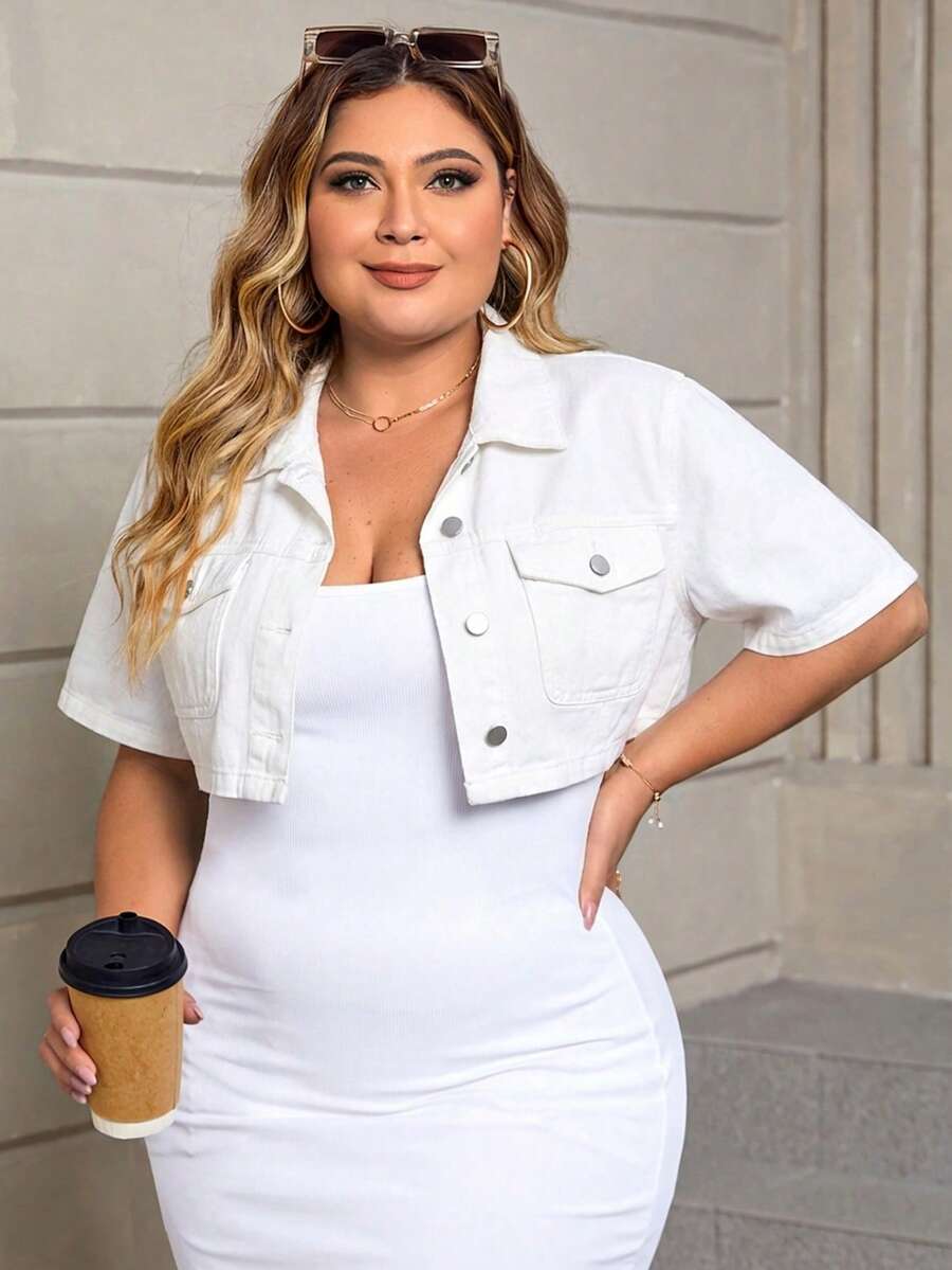 SHEIN ICON Plus Size Solid Color Short Sleeve Cropped Denim Top, Versatile For Daily Wear, Summer Going Out Tops Women