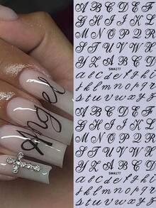 1 Sheet Black Letter Nail Art Stickers, 3D Self Adhesive Nail Decals, Uppercase Lowercase Alphabet Nail Art Stickers For DIY Manicure Embellishment, Nail Accessories Gift For Nail Lovers - Black - View 2