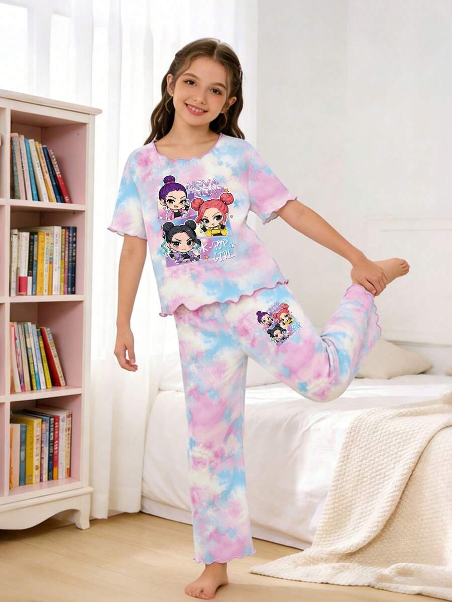 Genkimix Kids 少女两件套睡衣，扎染图案，饰有女孩团体图案，波浪形撞色滚边，短袖上衣和长裤，休闲家居服，春夏秋季 - 杏色 - 查看 1