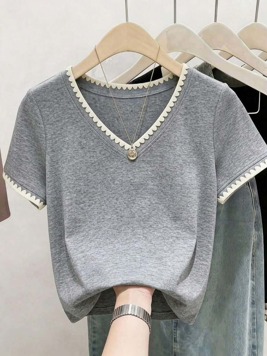 Resyla 女士V领撞色滚边休闲日常短袖T恤 - 灰色 - 查看 1