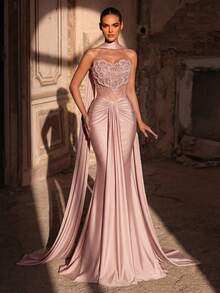 优雅奢华串珠泡泡花卉亮片拼接弹力针织泳衣面料褶皱美人鱼裙，适合婚礼、派对、度假、舞会礼服（厚实耐用） - 藕粉色 - 查看 6