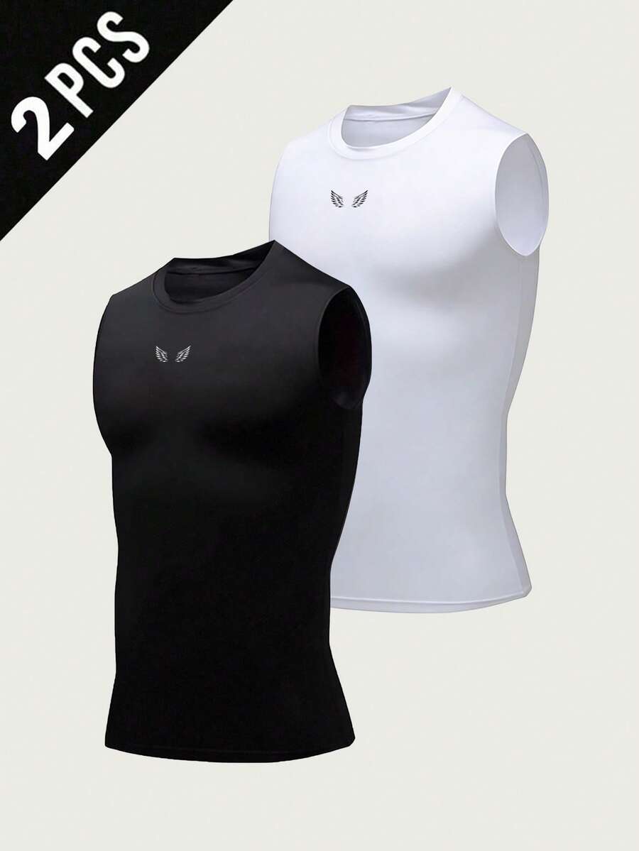 Gym Rark 2pcs/Set Men's Round Neck Wing Print Sports Tank Top, Gym - Black - View 1