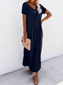 EMERY ROSE Women's Casual Solid Color Curved Hem Short Sleeve Mini Dress, Summer - Navy Blue - View 4