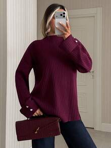 SHEIN Rib-Knit Mock Neck Sweater With Faux Pearl Cuff Buttons - عنابي اللون - مشاهدة 5