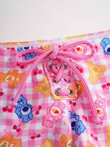 SHEIN X Care Bears Bộ bikini buộc cổ in hình gấu hồng và kẻ caro - Hồng - Xem 5
