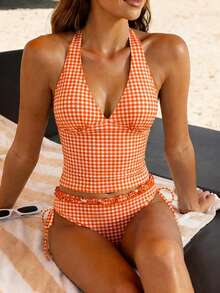 Swim Vcay Women's Tankini 2-Piece Swimwear Set, Plaid Print With Ruffle Trim, Halter Neck Tie Top And Drawstring Bottoms, Summer Beach Swimwear - Orange - View 1