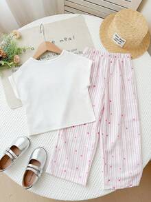 SHEIN LMoss Kids 2pcs Young Girl Knitted Solid Color Round Neck T-Shirt And Loose Bow Decor Casual Pants Set, Summer Family Matching, Young Girls Coords Clothing Outfit Sets - Pink - View 2