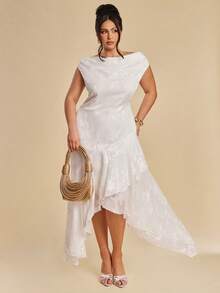 SHEIN BAE Đầm cỡ lớn màu trơn, cổ xếp ly, vạt bất đối xứng, chất liệu jacquard, eo thắt. - trắng - Xem 6