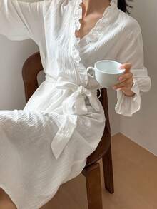 Romantic Ruffled Hem Long Wrap Around Women Sleepwear Robe, For Fall & Winter Pajama, Cozy Outfit - White - View 4