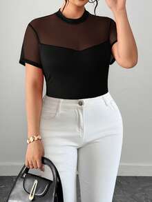 SHEIN Tall CURVE Plus Size Elegant Solid Color Stretchy Fitted Sheer T-Shirt - Black - View 4