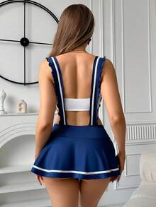 Fantasy Costume Bộ đồ lót 3 món dành cho nữ (Áo ngực không gọng, quần lọt khe, váy ngắn) - Xanh và trắng - Xem 2