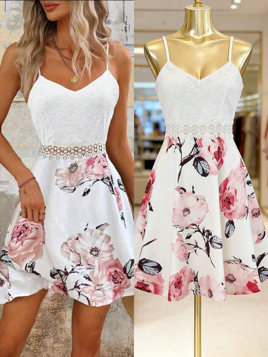 SHEIN LUNE Vestido Con Encaje Y Estampado Floral Para Cami - Multicolor - Ver 1