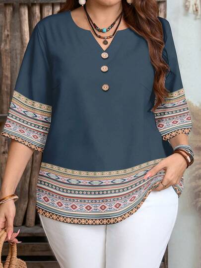 EMERY ROSE قميص نسائي بياقة على شكل حرف V مطبوع بطباعة هندسية، مناسب للارتداء اليومي والاستخدام المتعدد