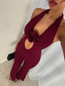 Glamine 女士3D立体花卉装饰露背系带休闲日常连体裤 - 紅色 - 查看 3